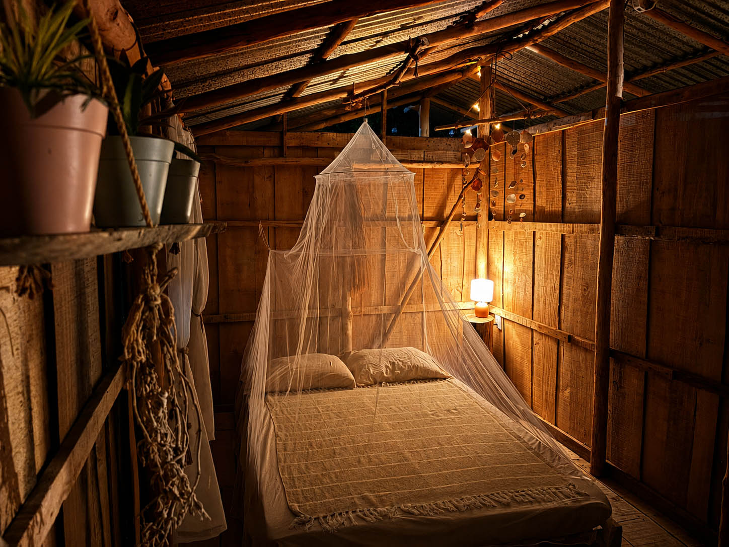 Rustic wooden cabin bedroom in Costa Rica with mosquito net bed, warm lighting, and natural interior design